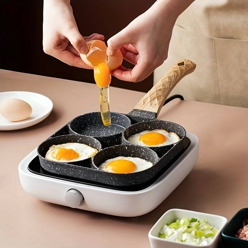 Frigideira Multifuncional Antiaderente 4 Em 1 Para Ovos, Hambúrguer, Omelete, Com Cabo De Madeira