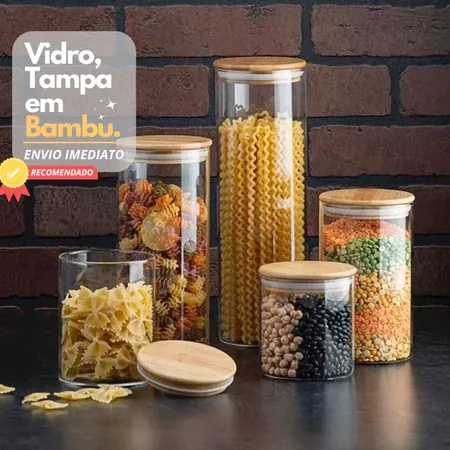 Kit 5 Potes de Vidro com Tampa Bambu